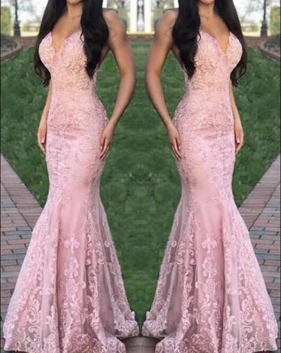 SP1094,Light Pink Mermaid Lace V-Neck Long Prom Dresses Formal Evening Gowns