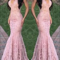 SP1094,Light Pink Mermaid Lace V-Neck Long Prom Dresses Formal Evening Gowns - Thumbnail 1