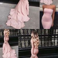 SP1095,Light Pink Prom Dresses Mermaid Strapless Satin Bodycon Evening Gowns With Court Train Tight Long Special Occasions Dress - Thumbnail 1