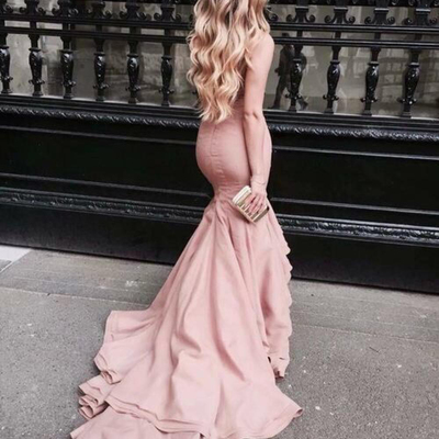 Sp1095,light pink prom dresses mermaid strapless satin bodycon evening gowns with court train tight long special occasions dress - Thumbnail 5