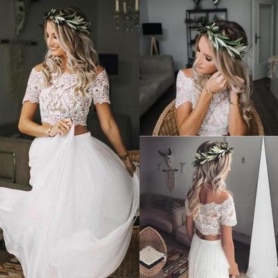 Sp1105,sexy two piece wedding dresses with lace chiffon lace wedding dresses custom made short sleeves beach wedding dresses