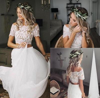 SP1105,Sexy Two piece Wedding Dresses with Lace Chiffon Lace Wedding Dresses Custom Made Short Sleeves Beach Wedding Dresses