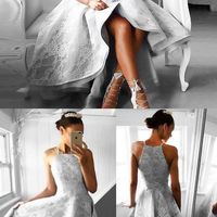 SP1114,Grey Lace High Low Prom Dresses,Halter Sleeveless Evening Dress - Thumbnail 1