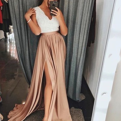 Sp1118,a-line v-neck brown elastic satin prom dress with split lace party dress - Thumbnail 5