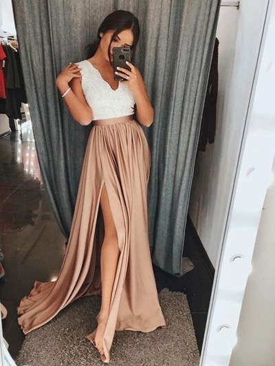 SP1118,A-Line V-Neck Brown Elastic Satin Prom Dress With Split Lace Party Dress