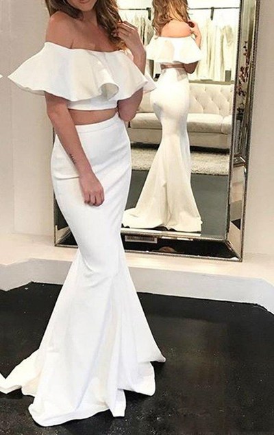 SP1125,Mermaid Off Shoulder Two Piece Prom Dress Ivory Formal Evening Gown