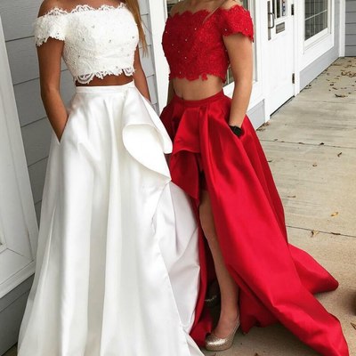 Sp1127,a-line/princess off-the-shoulder sleeveless sweep/brush train lace satin two piece dresses - Thumbnail 4
