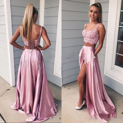Sp1128,princess two piece pink long prom dress,2021 pink prom dress with side slit - Thumbnail 5
