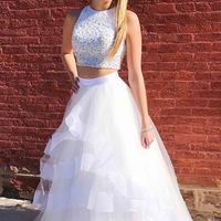 SP1132,Two Piece Round Neck Long White Prom Dress with Beading - Thumbnail 1