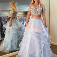 SP1133,Two Piece Off-the-Shoulder Tiered Blue Tulle Prom Dress With Sequins Beading,Short Sleeves A-Line Evening Dresses,Prom Dresses - Thumbnail 1