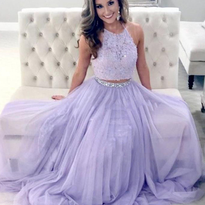 Sp1134,elegant prom dresses,lavender prom dress,two piece prom dresses,halter prom gown,lace prom dress,beading evening dress