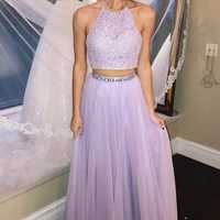 SP1134,Elegant Prom Dresses,Lavender Prom Dress,Two Piece Prom Dresses,Halter Prom Gown,Lace Prom Dress,Beading Evening Dress - Thumbnail 3