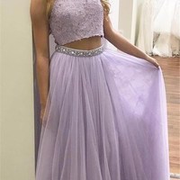 SP1134,Elegant Prom Dresses,Lavender Prom Dress,Two Piece Prom Dresses,Halter Prom Gown,Lace Prom Dress,Beading Evening Dress - Thumbnail 4