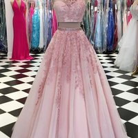 SP1135,Pink tulle two pieces long strapless prom dress, long beaded neck lace homecoming dress - Thumbnail 1