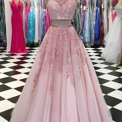 Sp1135,pink tulle two pieces long strapless prom dress, long beaded neck lace homecoming dress