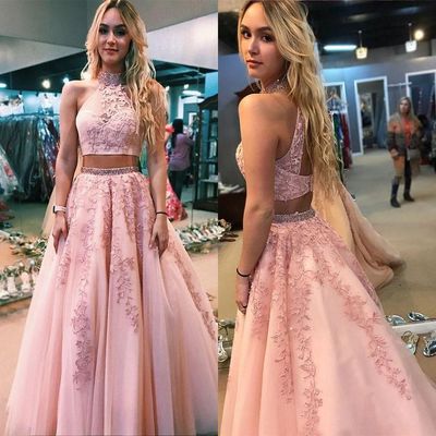 SP1135,Pink tulle two pieces long strapless prom dress, long beaded neck lace homecoming dress