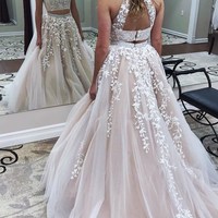 SP1136,Two Piece Open Back Homecoming Dresses,Court Train Prom Dresses,Light Champagne High Collar Prom Dress With Appliques - Thumbnail 1