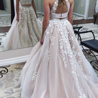 Sp1136,two piece open back homecoming dresses,court train prom dresses,light champagne high collar prom dress with appliques