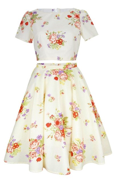 Cream Floral Crop Top And Skirt Set 