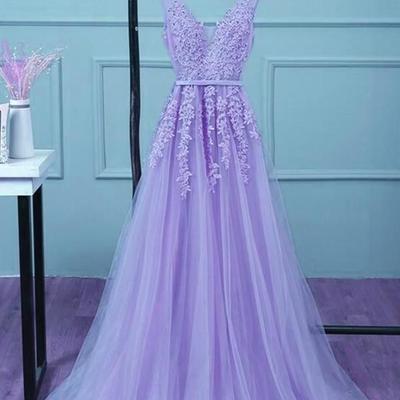 Sp1143,beautiful light purple tulle long party gown,a-line v-neckline prom dress - Thumbnail 5