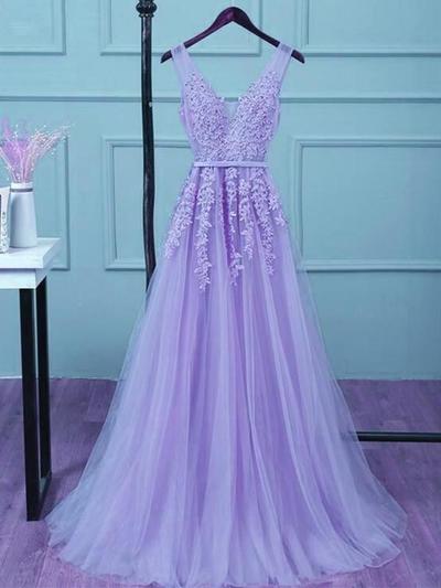 SP1143,Beautiful Light Purple Tulle Long Party Gown,A-line V-neckline Prom Dress