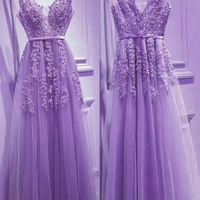 SP1143,Beautiful Light Purple Tulle Long Party Gown,A-line V-neckline Prom Dress - Thumbnail 1