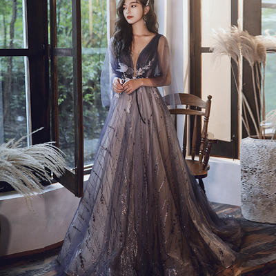 Blue v neck tulle lace long prom dress evening dress