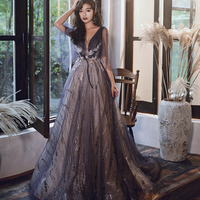 Blue v neck tulle lace long prom dress evening dress - Thumbnail 2