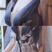 Blue v neck tulle lace long prom dress evening dress - Thumbnail 3