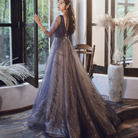 Blue v neck tulle lace long prom dress evening dress - Thumbnail 6