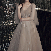 Champagne lace sequins long ball gown dress formal dress - Thumbnail 1