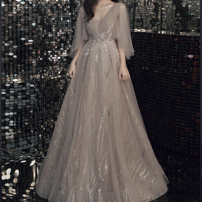 Champagne lace sequins long ball gown dress formal dress