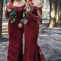 Long Sleeve Lace Burgundy Bridesmaid Dresses Long Sexy Cheap Maid of Honor - Thumbnail 1