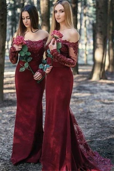 Long Sleeve Lace Burgundy Bridesmaid Dresses Long Sexy Cheap Maid of Honor