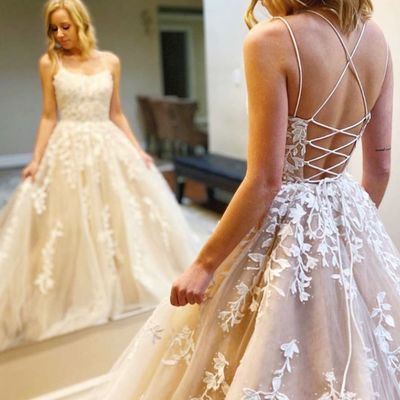 Sp1145,light champagne tulle prom dresses with applique beaded,lace up back party dress - Thumbnail 4