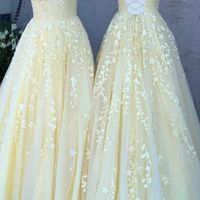 SP1146,Fancy Spaghetti Straps Long Grils Yellow Graduation Senior Lace Prom Dresses 2020 - Thumbnail 1