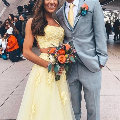 Sp1148,two piece square neck yellow prom dresses with appliques