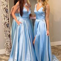 SP1149,Sky Blue Spaghetti Straps A-line Prom Dresses V-neck Prom Dress with Split - Thumbnail 1