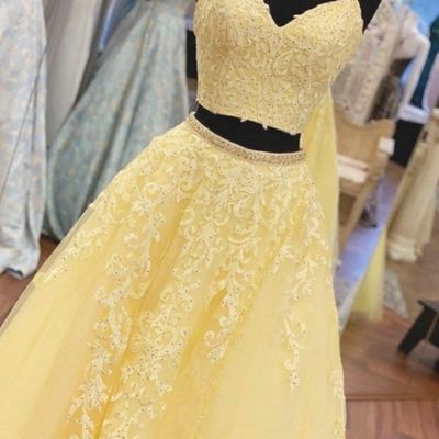 Sp1152,two piece yellow prom dress with spaghetti straps lace top and floor length bottom - Thumbnail 5