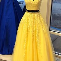 SP1152,Two piece yellow prom dress with spaghetti straps lace top and floor length bottom - Thumbnail 1