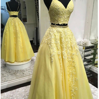 SP1152,Two piece yellow prom dress with spaghetti straps lace top and floor length bottom - Thumbnail 2