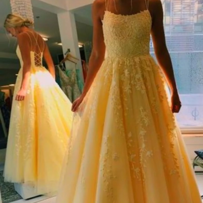 Sp1146,fancy spaghetti straps long grils yellow graduation senior lace prom dresses 2020