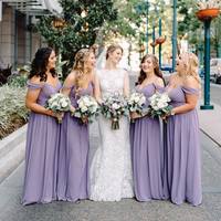 Charming A-Line Off the Shoulder Lilac Chiffon Long Bridesmaid Dresses for Wedding Party - Thumbnail 1
