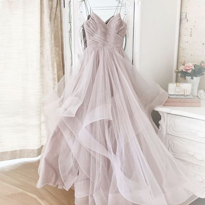 Pink tulle long prom dress pink evening dress
