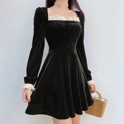 Vintage square collar lace black velvet dress