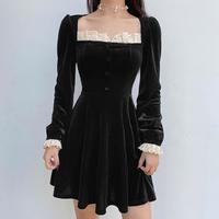 Vintage Square Collar Lace Black Velvet Dress - Thumbnail 2