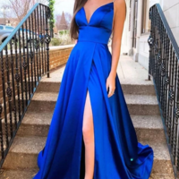 SP1157,A Line Simple V Neck Blue Satin Long Prom Dresses, Blue Satin Long Formal Evening Dresses - Thumbnail 1