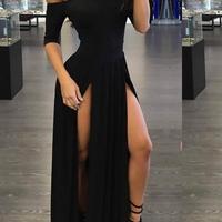 SP1159,Sexy Black A Line Floor Length Off The Shoulder Simple Prom Dresses With Sleeves - Thumbnail 1