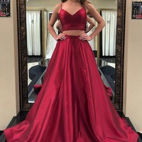 SP1160,Simple Red Two-Piece Long Prom Dress,Straps V-Neck Evening Dresses - Thumbnail 1