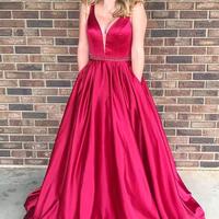 SP1161,A Line Princess V Neck Hot Pink Satin Prom Dresses Evening Gown Party Dress With Pocket  - Thumbnail 1